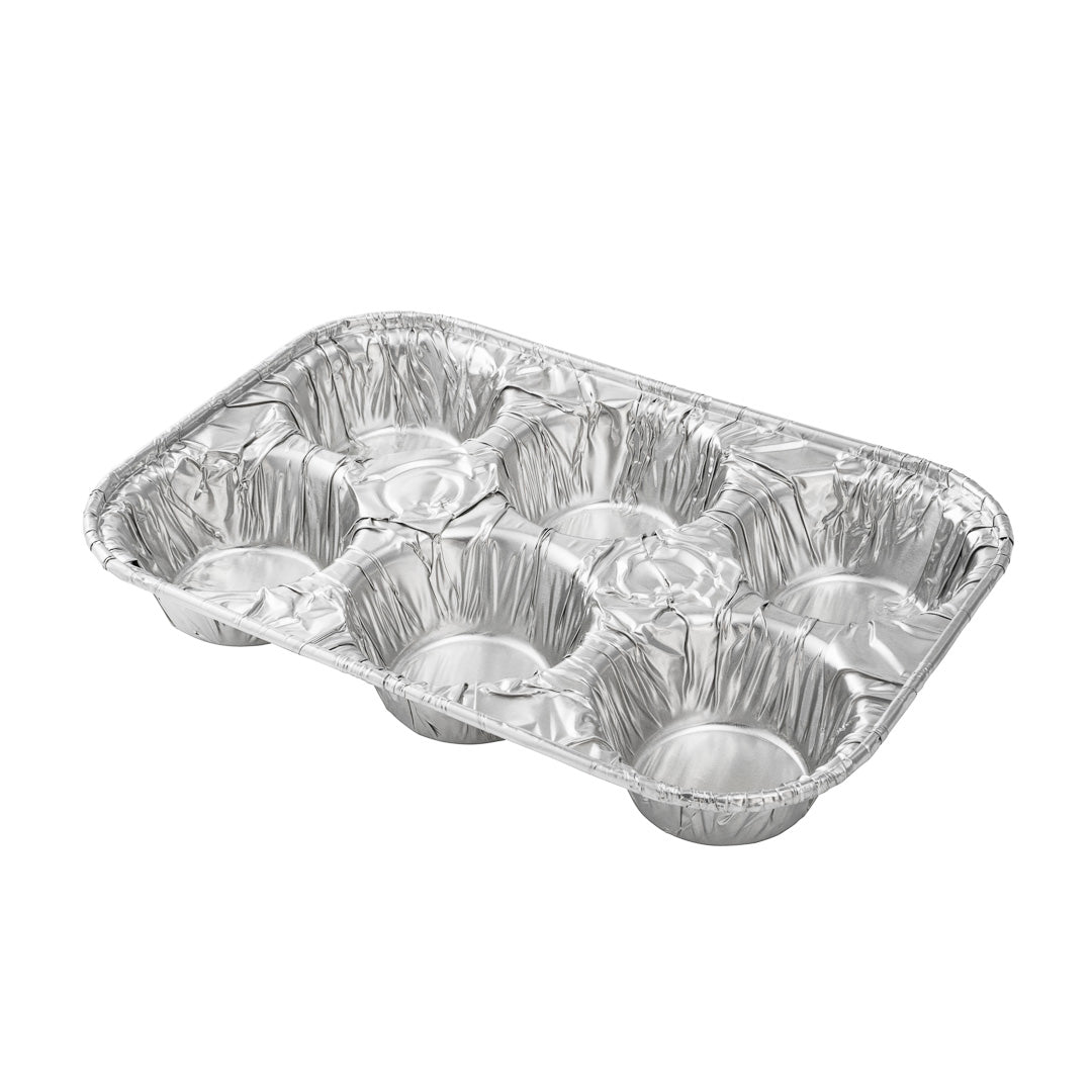 Pastry Tek Silver Aluminum Cupcake / Muffin Pan - 6-Compartment - 9 1/2" x 6 1/2" x 1 1/2" - 25 count box