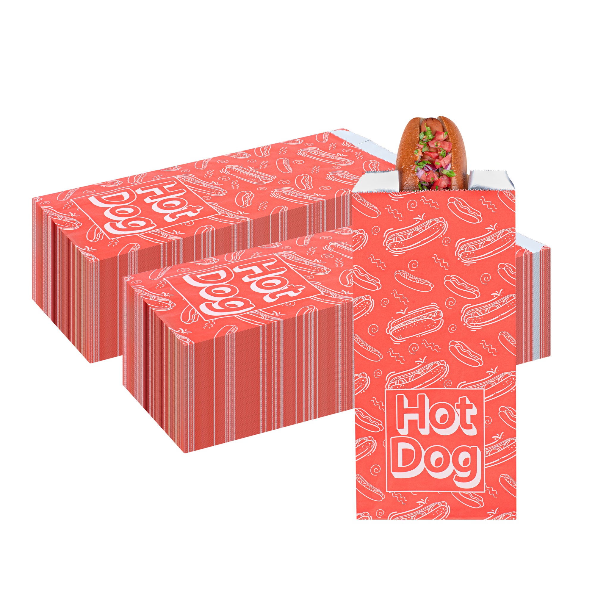 Bag Tek Red Paper Printed Hot Dog Foil Bag - 1/2 Gallon - 4 1/4" x 6 1/2" x 14 1/2" - 100 count box