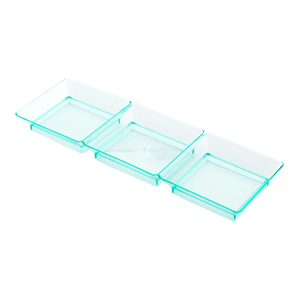 Rectangle Seagreen Plastic Terzetto Mini Plate - 3 Compartments - 7 1/2" x 2 1/2" x 1/2" - 100 count box