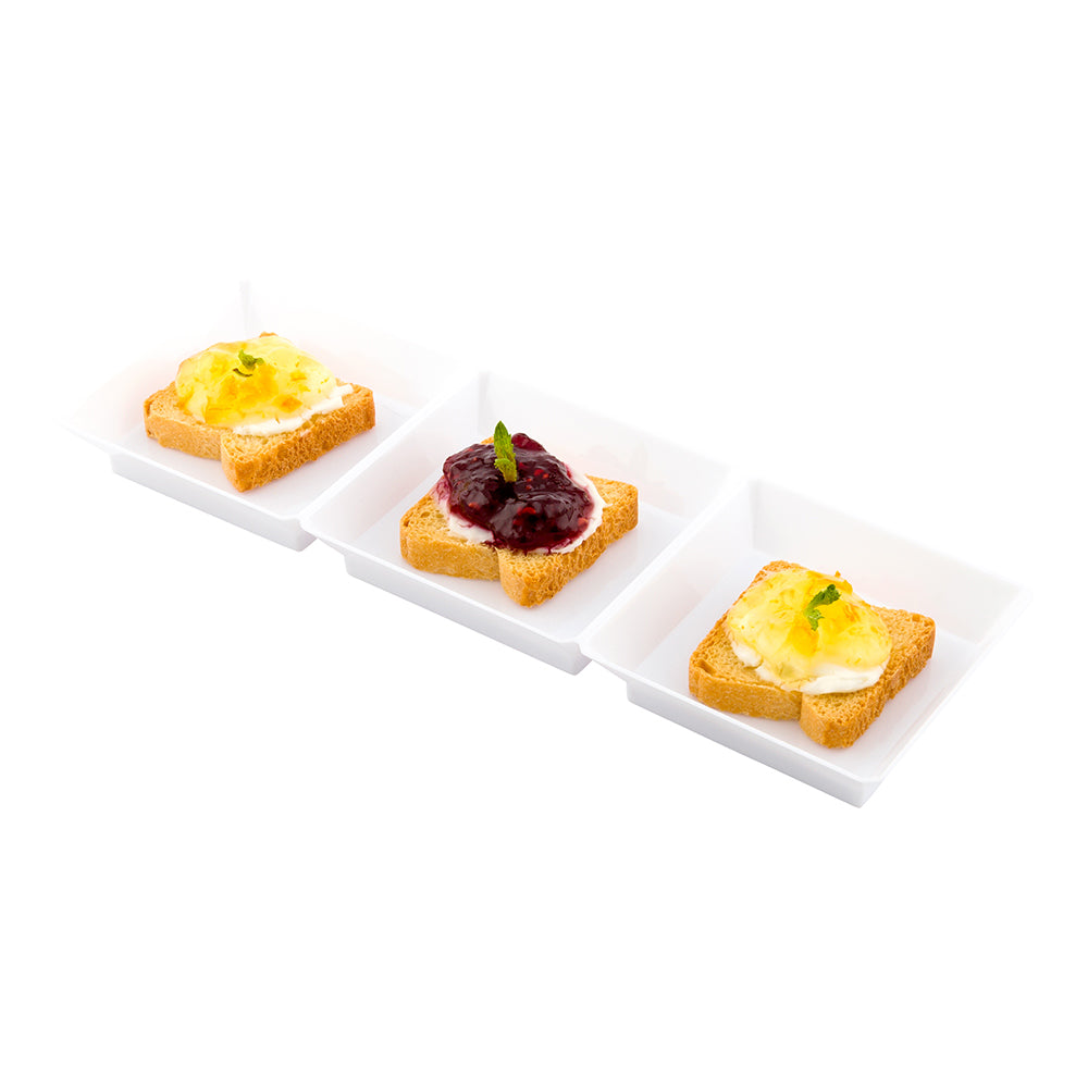 Rectangle White Plastic Terzetto Mini Plate - 3 Compartments - 7 1/2" x 2 1/2" x 1/2" - 100 count box