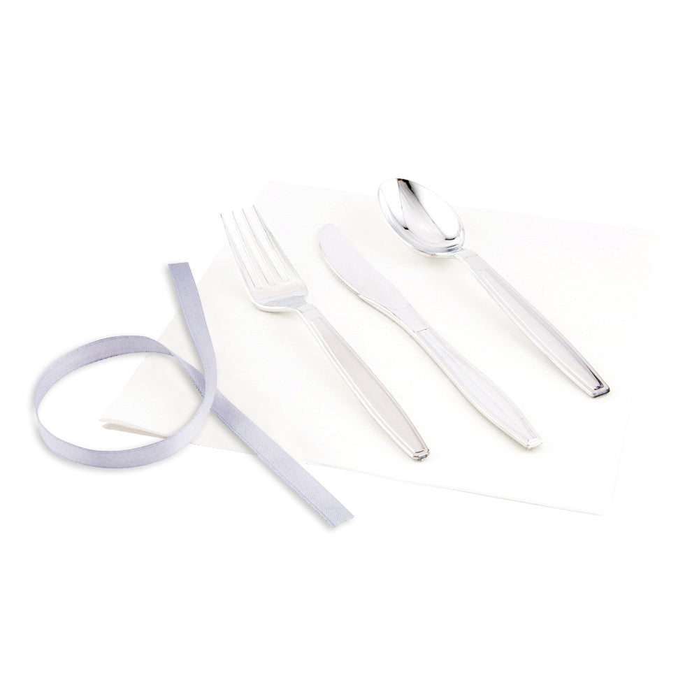 Argento Silver Plastic Cutlery Set - with White Napkin, Silver Ribbon - 7 1/4" x 2" x 1 3/4" - 100 count box