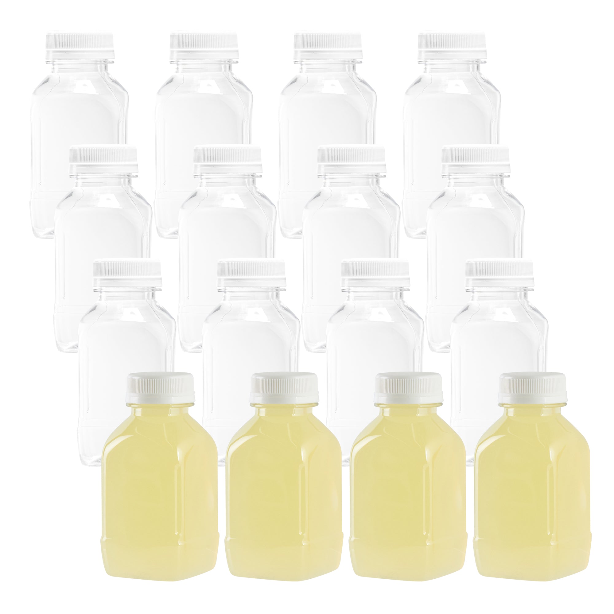 8 oz Square Clear Plastic Cold Pressed Juice Bottle - with Safety Cap - 2 1/4" x 2 1/4" x 4 3/4" - 100 count box