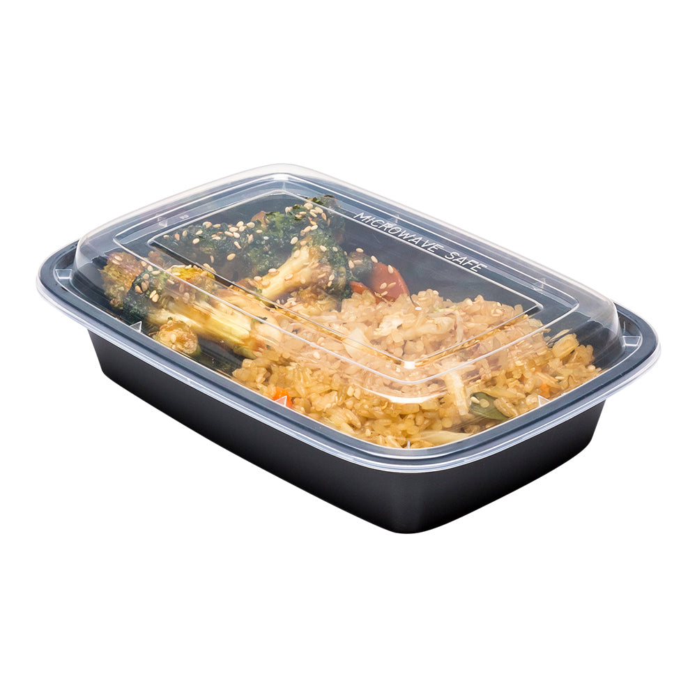 Asporto 24 oz Rectangle Black Plastic To Go Box - with Clear Lid, Microwavable - 8" x 5 1/4" x 1 3/4" - 100 count box