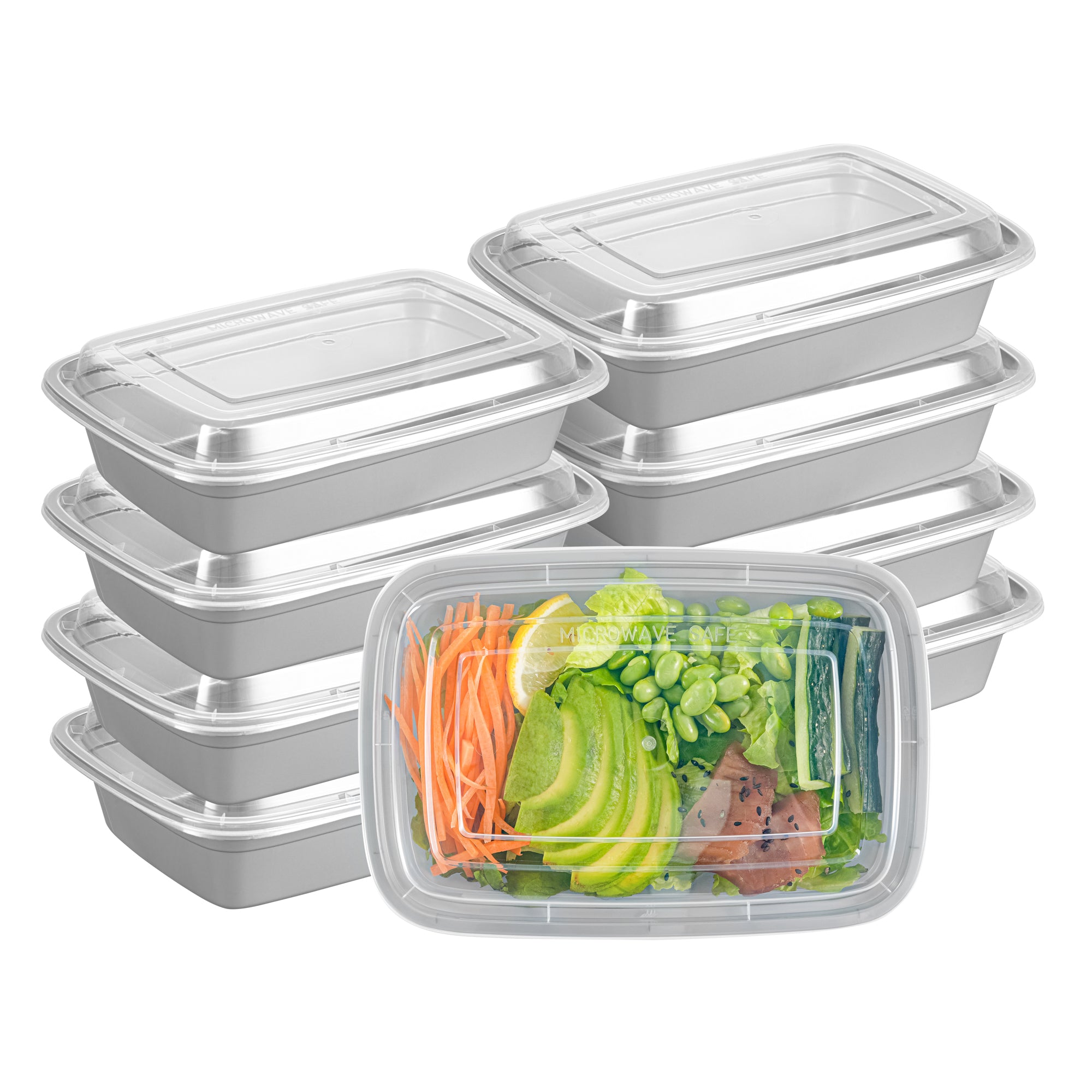 Asporto 24 oz Rectangle Silver Plastic To Go Box - with Clear Lid, Microwavable - 8" x 5 1/4" x 1 3/4" - 100 count box