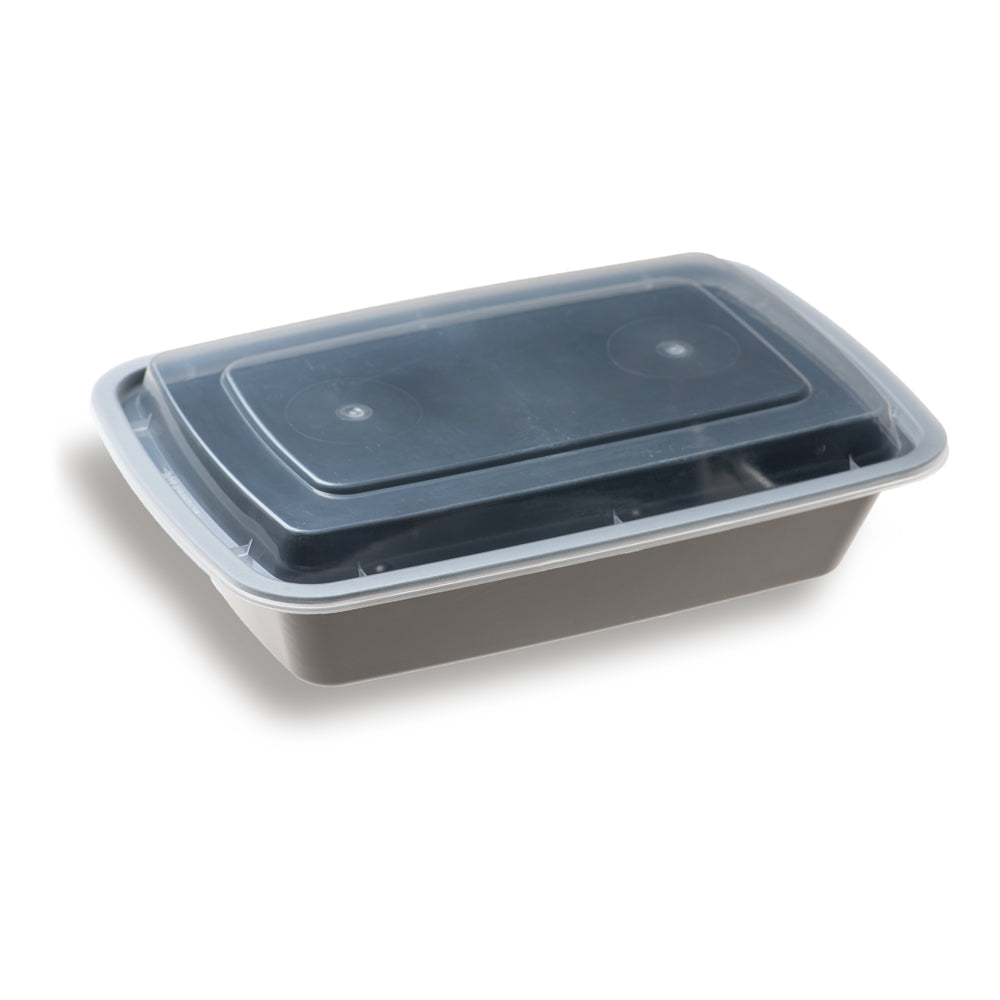 Asporto 28 oz Rectangle Black Plastic To Go Box - with Clear Lid, Microwavable - 8 3/4" x 6" x 1 1/2" - 100 count box