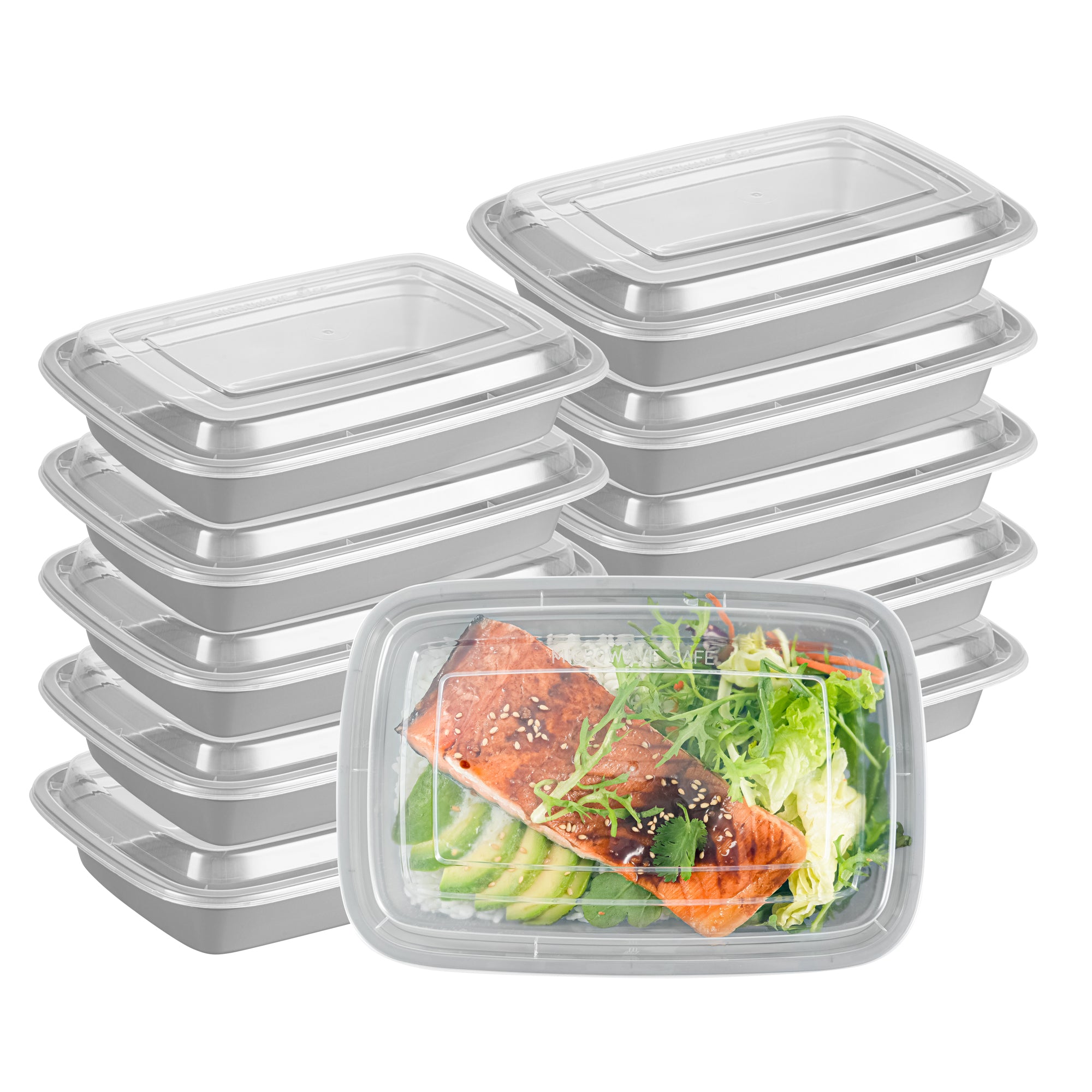 Asporto 28 oz Rectangle Silver Plastic To Go Box - with Clear Lid, Microwavable - 8 3/4" x 6" x 1 1/2" - 100 count box