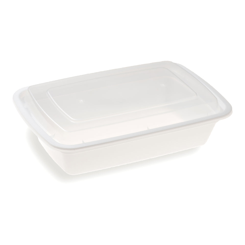 Asporto 28 oz Rectangle White Plastic To Go Box - with Clear Lid, Microwavable - 8 3/4" x 6" x 1 1/2" - 100 count box