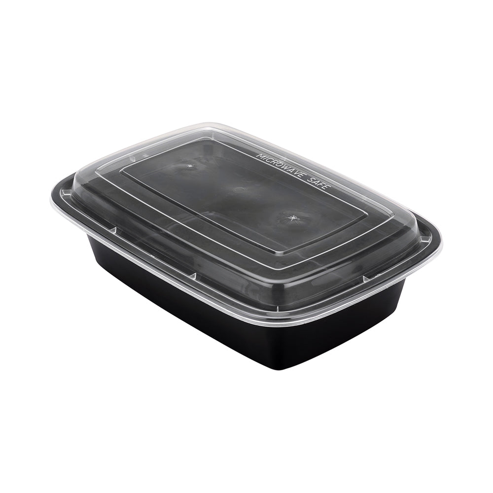 Asporto 38 oz Rectangle Black Plastic To Go Box - with Clear Lid, Microwavable - 8 3/4" x 6" x 2" - 100 count box