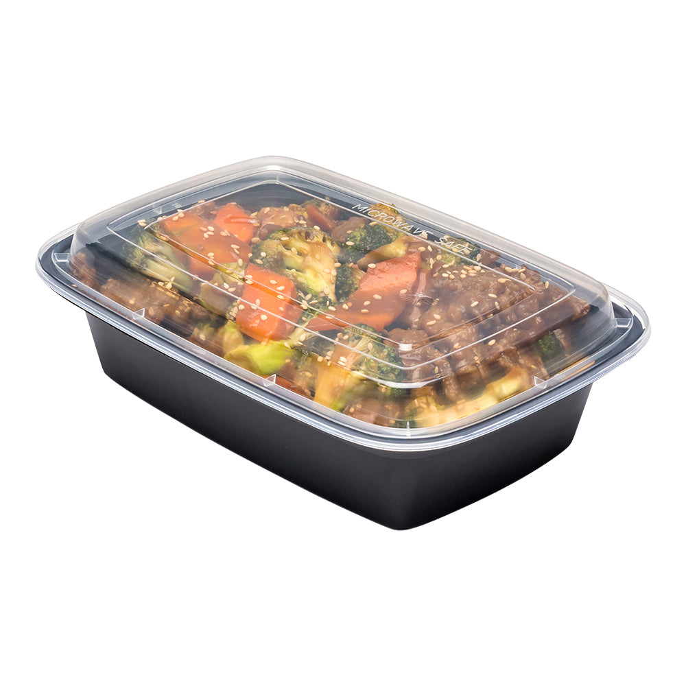 Asporto 38 oz Rectangle Black Plastic To Go Box - with Clear Lid, Microwavable - 8 3/4" x 6" x 2" - 100 count box