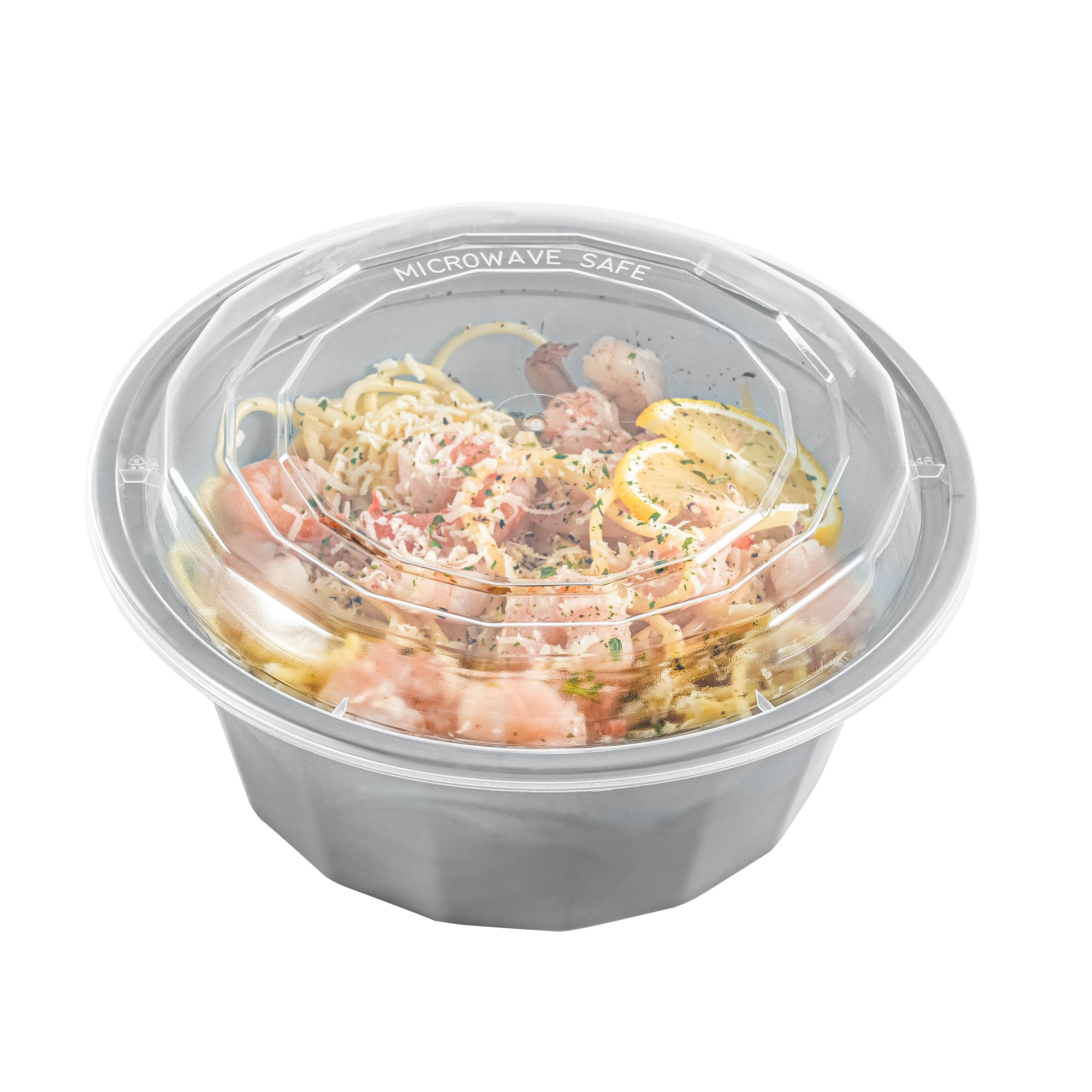 Asporto 32 oz Round Silver Plastic To Go Box - with Clear Lid, Microwavable - 7 1/4" x 7 1/4" x 3" - 100 count box