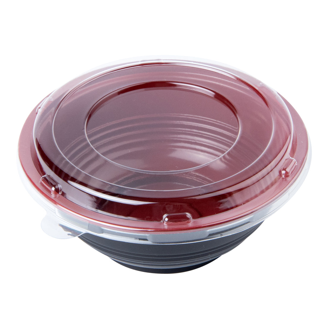 18 oz Round Black and Red Plastic Small Asian Panda Bowl - with Clear Lid, Microwavable - 6" x 6" x 2 1/2" - 200 count box