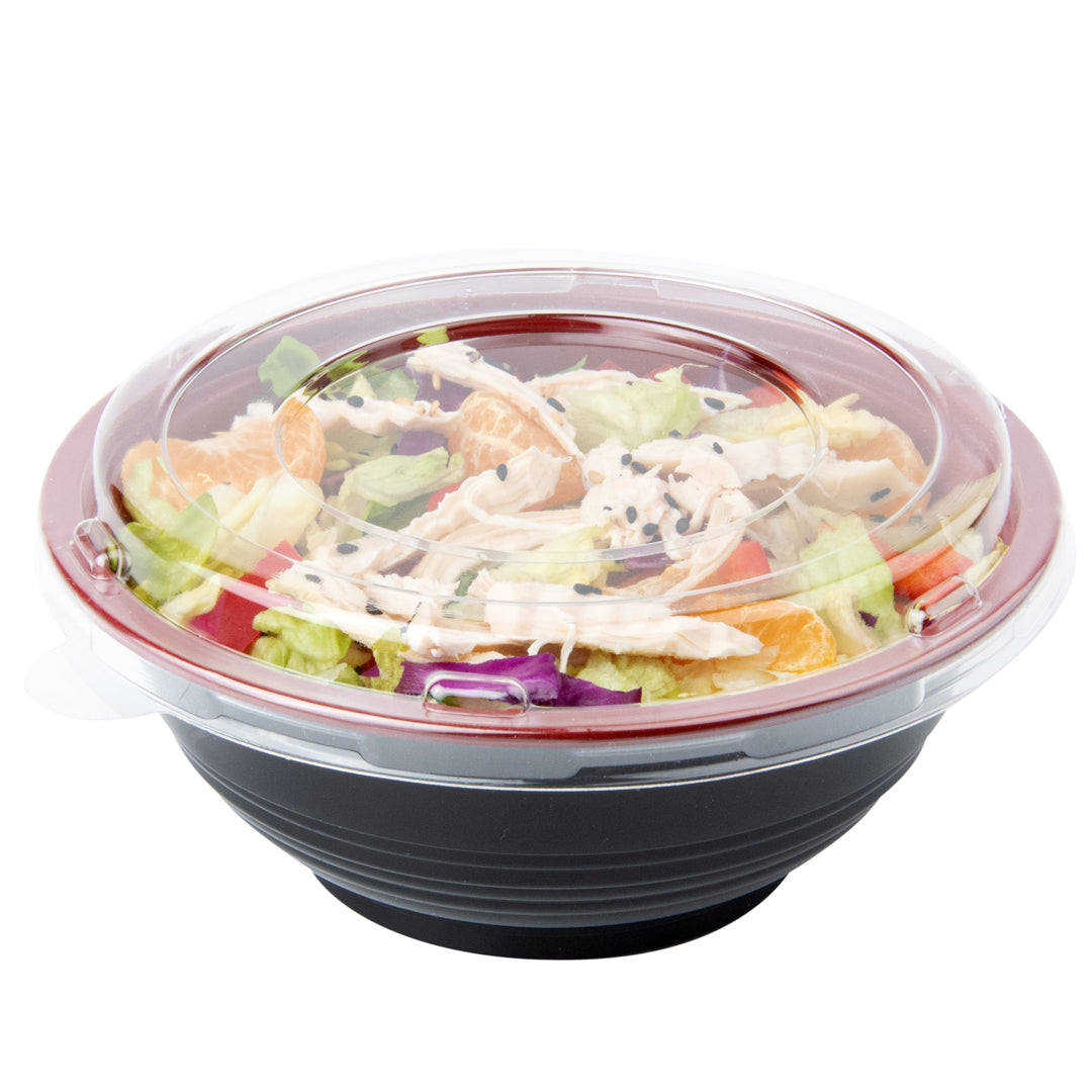 18 oz Round Black and Red Plastic Small Asian Panda Bowl - with Clear Lid, Microwavable - 6" x 6" x 2 1/2" - 200 count box