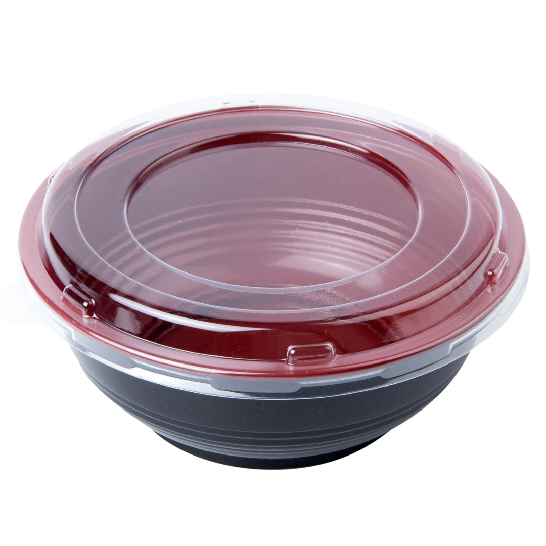 24 oz Round Black and Red Plastic Medium Asian Panda Bowl - with Clear Lid, Microwavable - 6 1/2" x 6 1/2" x 2 1/2" - 200 count box