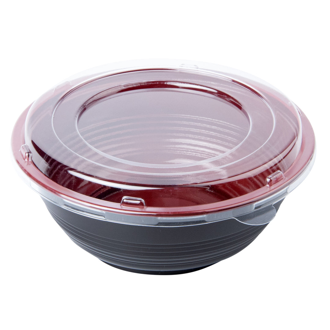 34 oz Round Black and Red Plastic Large Asian Panda Bowl - with Clear Lid, Microwavable - 7 1/4" x 7 1/4" x 2 3/4" - 200 count box