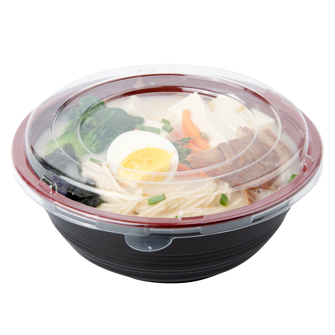 34 oz Round Black and Red Plastic Large Asian Panda Bowl - with Clear Lid, Microwavable - 7 1/4" x 7 1/4" x 2 3/4" - 200 count box