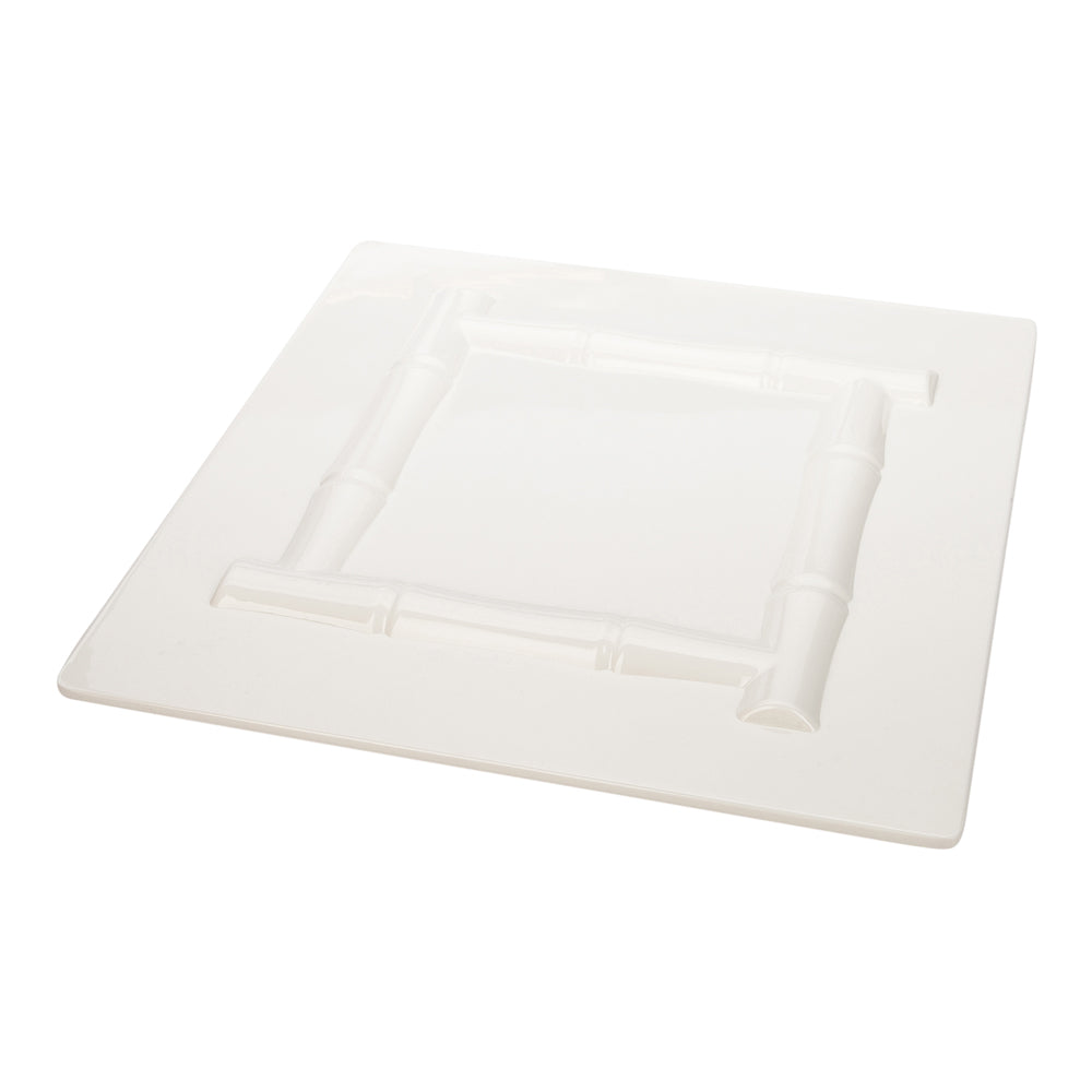 Voga Square White Melamine Plate - Bamboo Trim - 12" x 12" x 1" - 10 count box