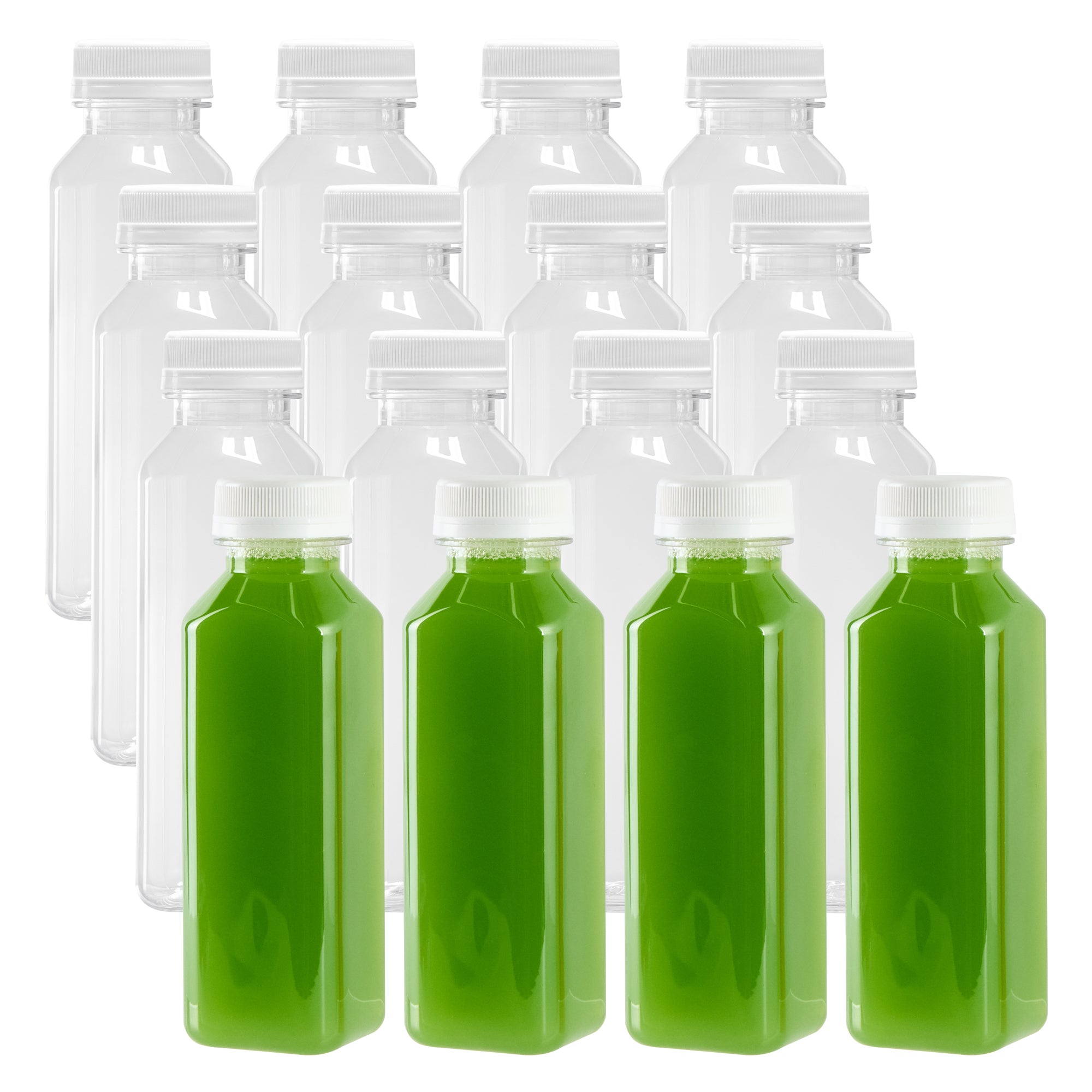 12 oz Square Clear Plastic Cold Pressed Juice Bottle - with Safety Cap - 2" x 2" x 6 1/2" - 100 count box