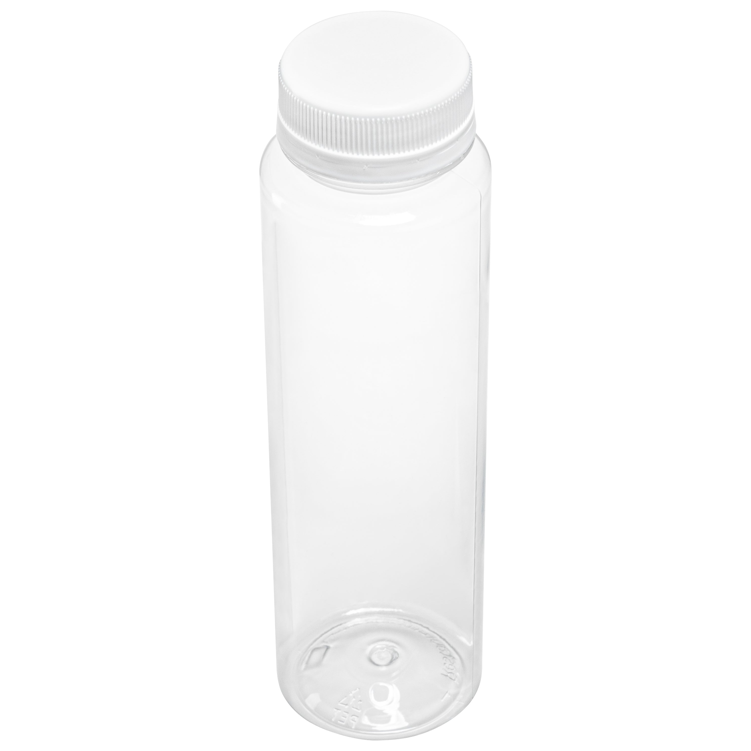 8 oz Round Clear Plastic Cold Pressed Juice Bottle - with Safety Cap - 2" x 2" x 6 3/4" - 100 count box