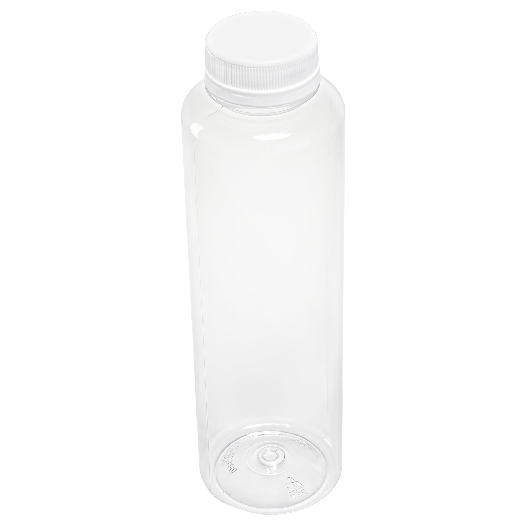 16 oz Round Clear Plastic Cold Pressed Juice Bottle - with Safety Cap - 2 1/4" x 2 1/4" x 8 1/4" - 100 count box