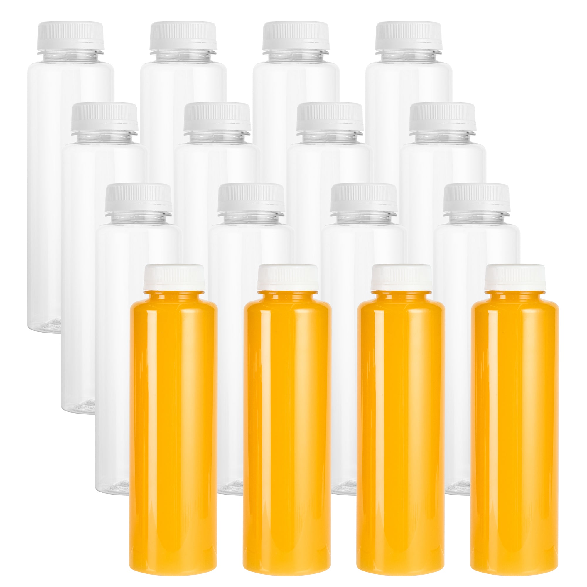 16 oz Round Clear Plastic Cold Pressed Juice Bottle - with Safety Cap - 2 1/4" x 2 1/4" x 8 1/4" - 100 count box