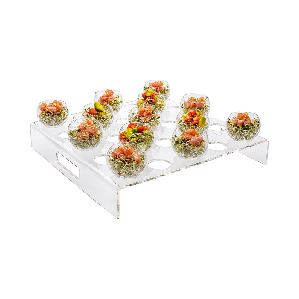 Clear Tek Clear Acrylic Appetizer Cups Serving Tray - 25 slots - 11 3/4" x 11 3/4" x 2" - 1 count box