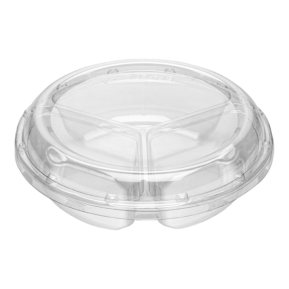 Thermo Tek Round Clear Plastic Serving Platter - with Lid, 3 Compartments - 7 1/2" x 7 1/2" x 2 1/2" - 100 count box