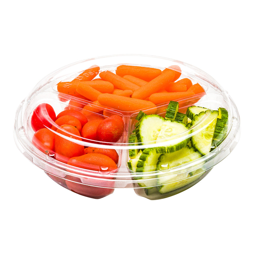 Thermo Tek Round Clear Plastic Serving Platter - with Lid, 3 Compartments - 7 1/2" x 7 1/2" x 2 1/2" - 100 count box