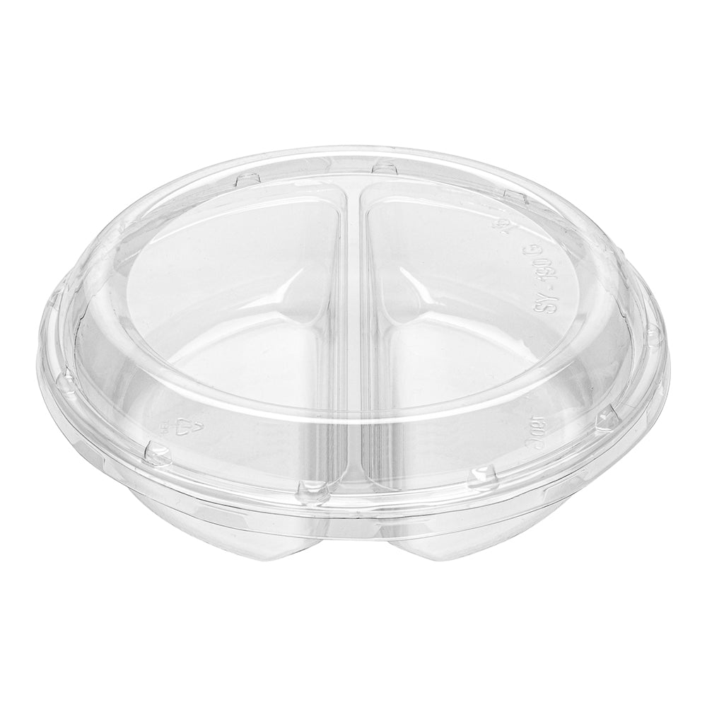 Thermo Tek Round Clear Plastic Serving Platter - with Lid, 2 Compartments - 7 1/2" x 7 1/2" x 2 1/2" - 100 count box