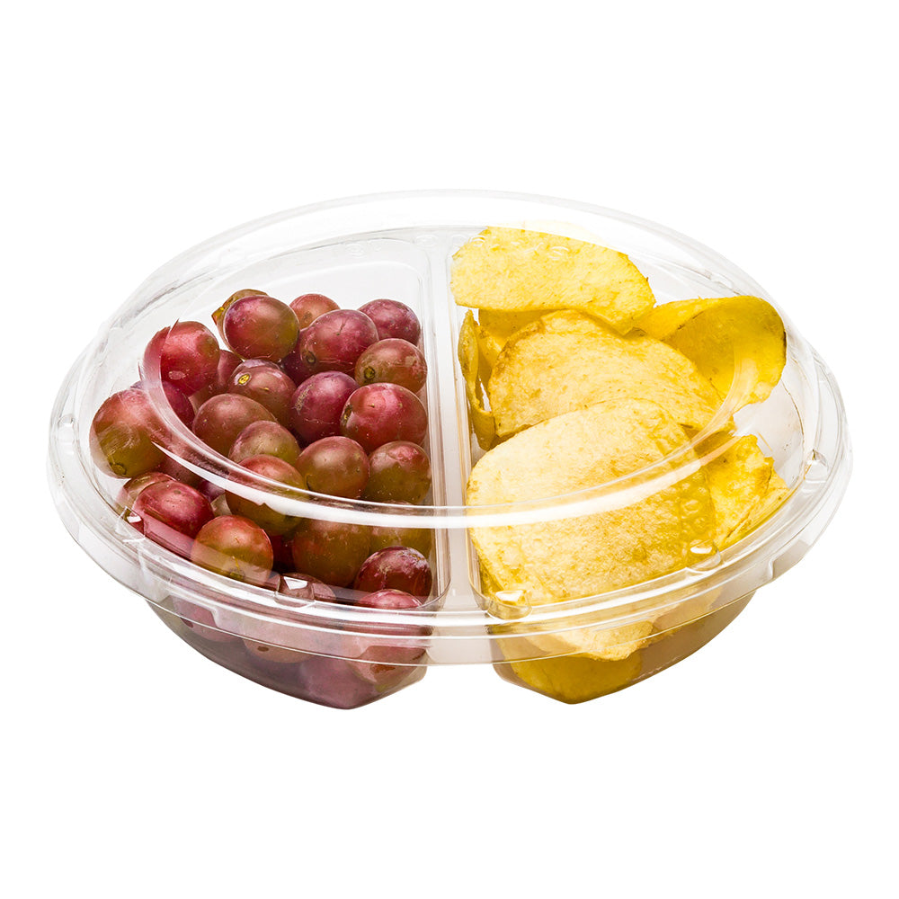 Thermo Tek Round Clear Plastic Serving Platter - with Lid, 2 Compartments - 7 1/2" x 7 1/2" x 2 1/2" - 100 count box