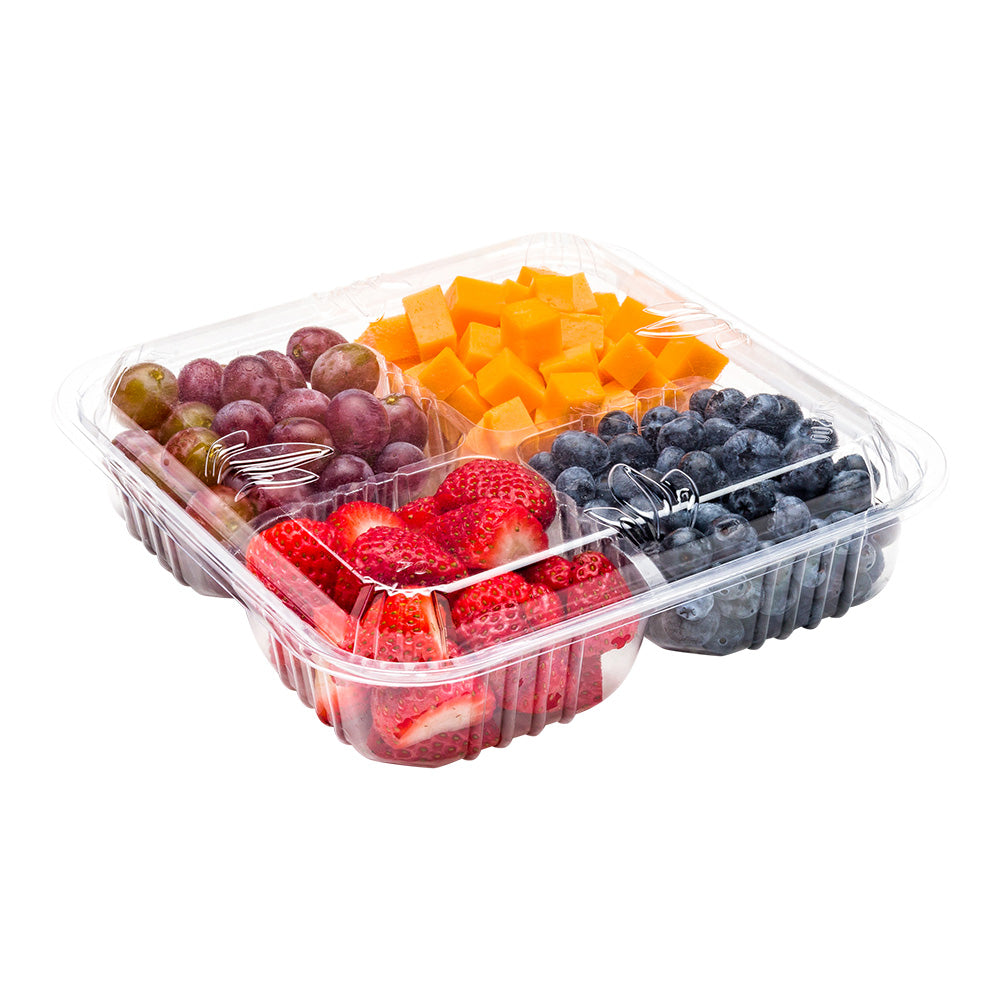 Thermo Tek Square Clear Plastic Serving Platter - with Lid, 4 Compartments - 8 1/4" x 8 1/4" x 2 1/4" - 100 count box