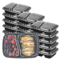 Asporto 32 oz Black Plastic 2 Compartment Food Container - with Clear Lid, Microwavable - 8 3/4