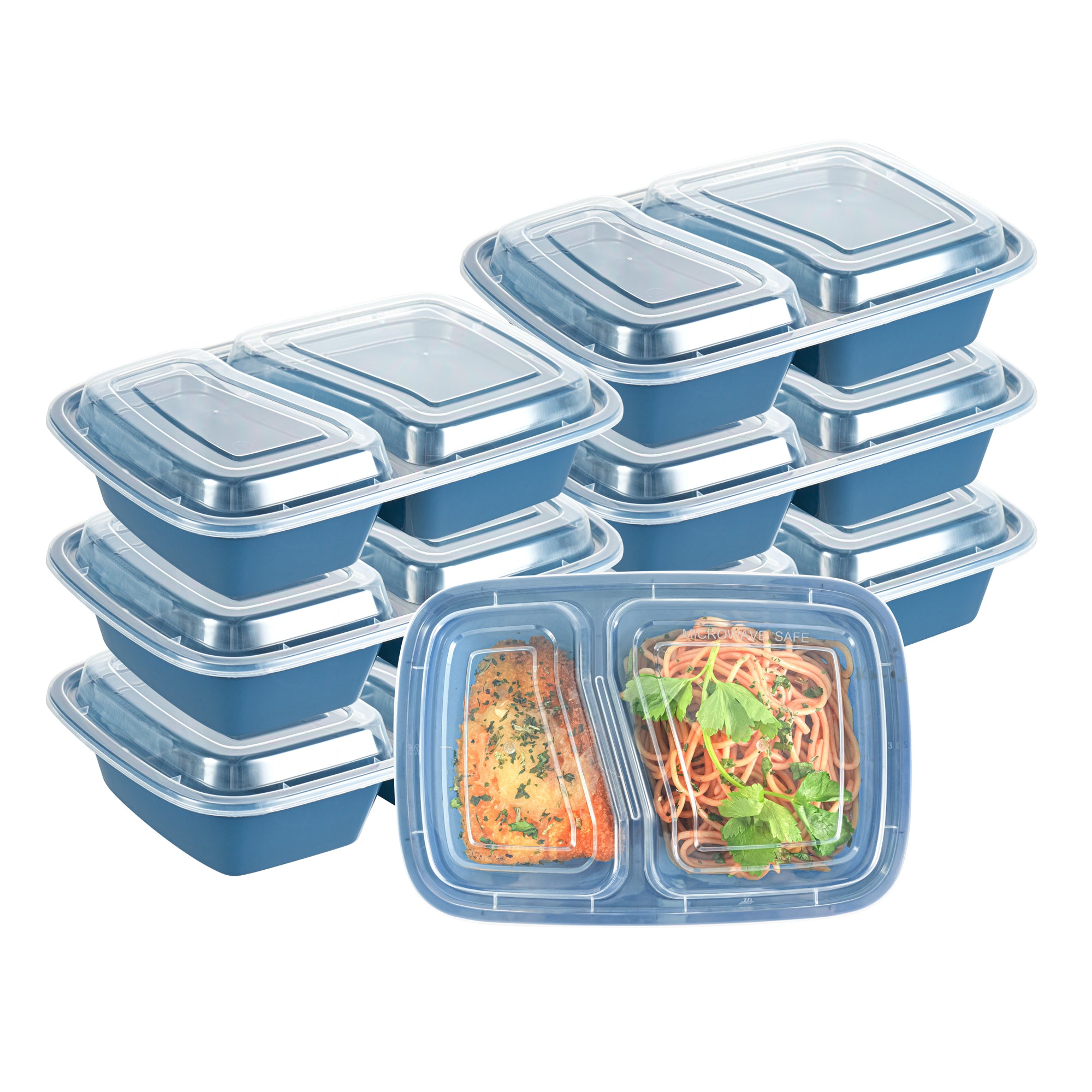 Asporto 32 oz Midnight Blue Plastic 2 Compartment Food Container - with Clear Lid, Microwavable - 8 3/4" x 6" x 2" - 100 count box