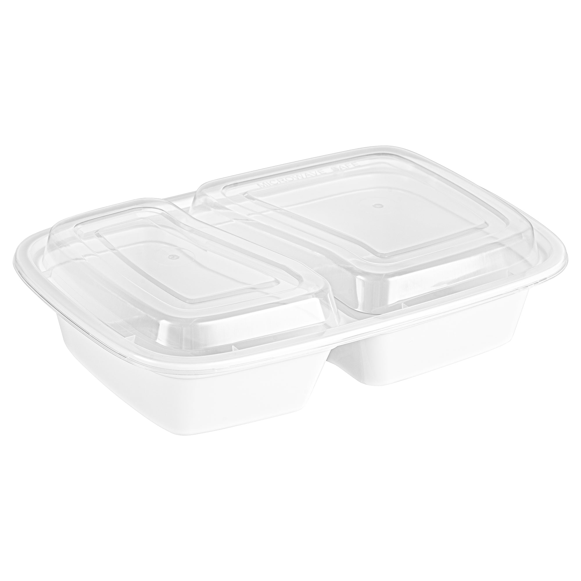 Asporto 32 oz White Plastic 2 Compartment Food Container - with Clear Lid, Microwavable - 8 3/4" x 6" x 2" - 100 count box