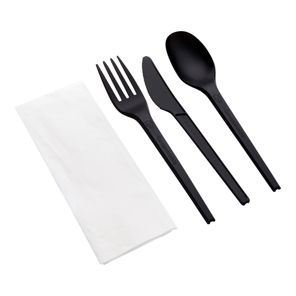 Basic Nature Black CPLA Plastic Cutlery Set - White Napkin, Heat-Resistant, Compostable - 8 3/4" x 2 3/4" x 3/4" - 100 count box