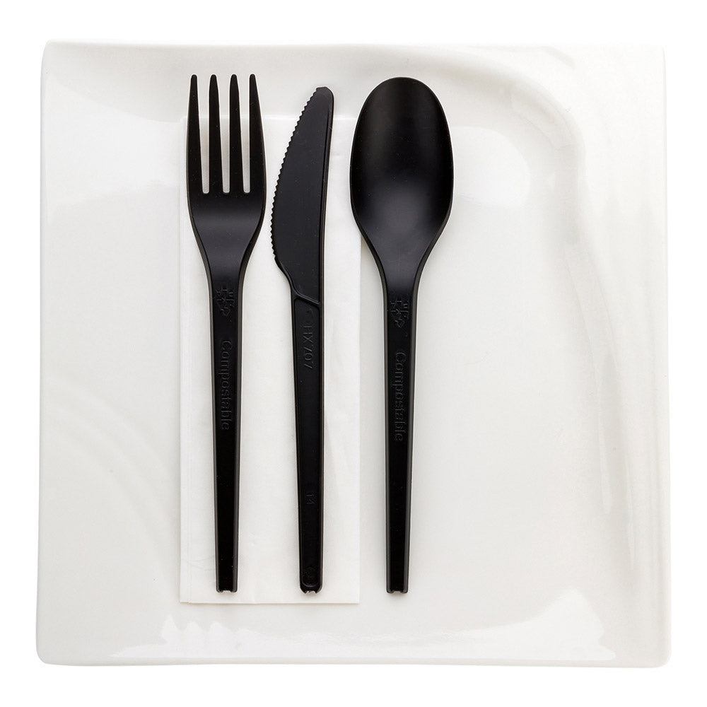 Basic Nature Black CPLA Plastic Cutlery Set - White Napkin, Heat-Resistant, Compostable - 8 3/4" x 2 3/4" x 3/4" - 100 count box