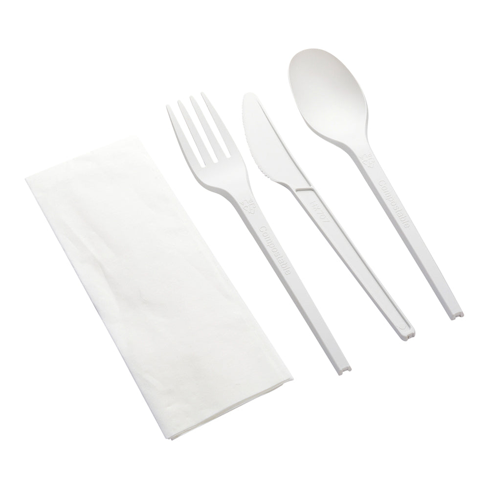 Basic Nature White CPLA Plastic Cutlery Set - White Napkin, Heat-Resistant, Compostable - 8 3/4" x 2 3/4" x 3/4" - 100 count box