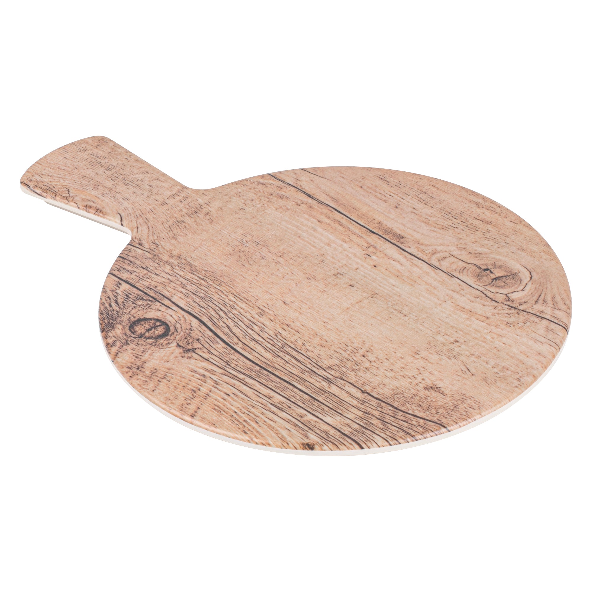 Voga Countryside Round Brown Melamine Serving Board - Faux Wood, with Handle - 12 1/2" x 9" x 1/2" - 1 count box