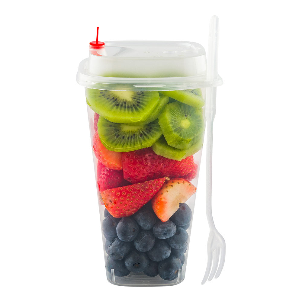 Asporto 17 oz Clear Plastic Salad To Go Cup - with Clear Lid and Fork - 3 1/2" x 3 1/2" x 4" - 100 count box