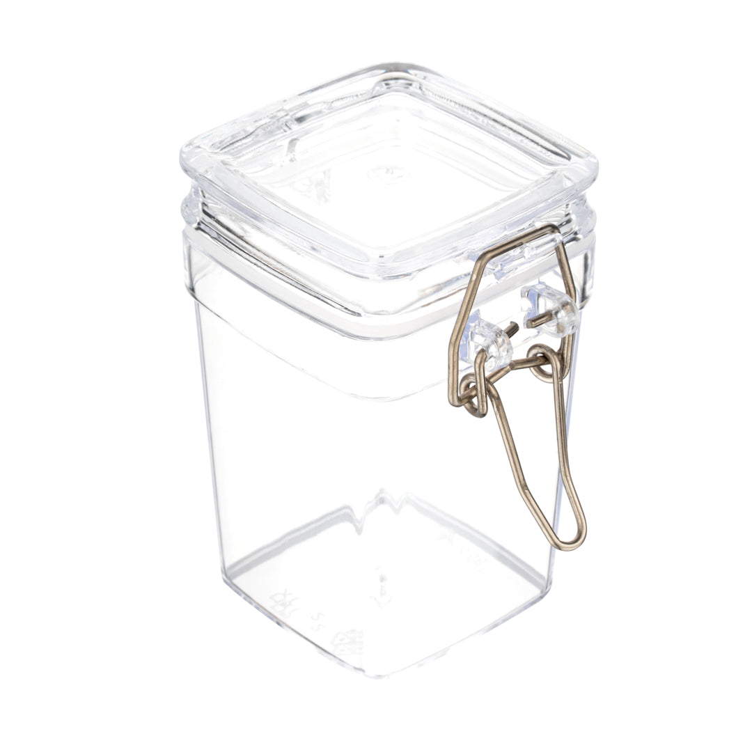 3 oz Square Clear Plastic Nostalgic Mason Jar - with Clamp Lid - 2 1/2" x 2" x 3" - 100 count box