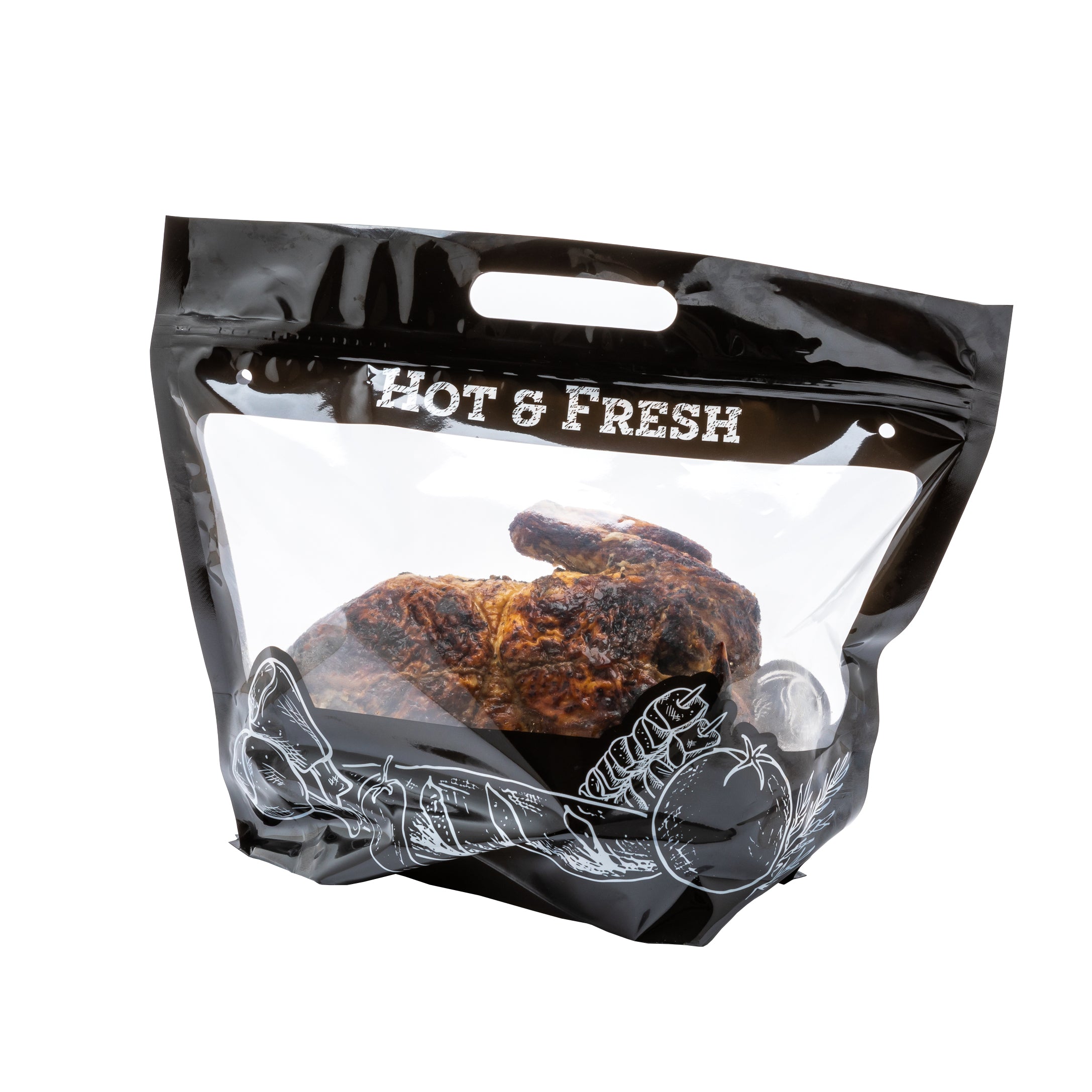 Bag Tek Black Plastic Rotisserie Chicken / Hot Food Bag - Hot & Fresh - 12 3/4" x 5 3/4" x 10 1/4" - 100 count box