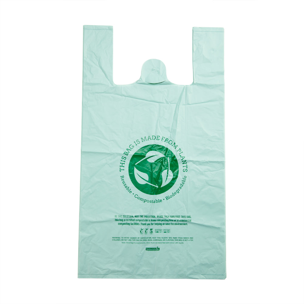 Basic Nature Green Plastic T-Shirt Bag - 1/6 Size, Compostable - 12" x 6 1/2" x 22" - 500 count box