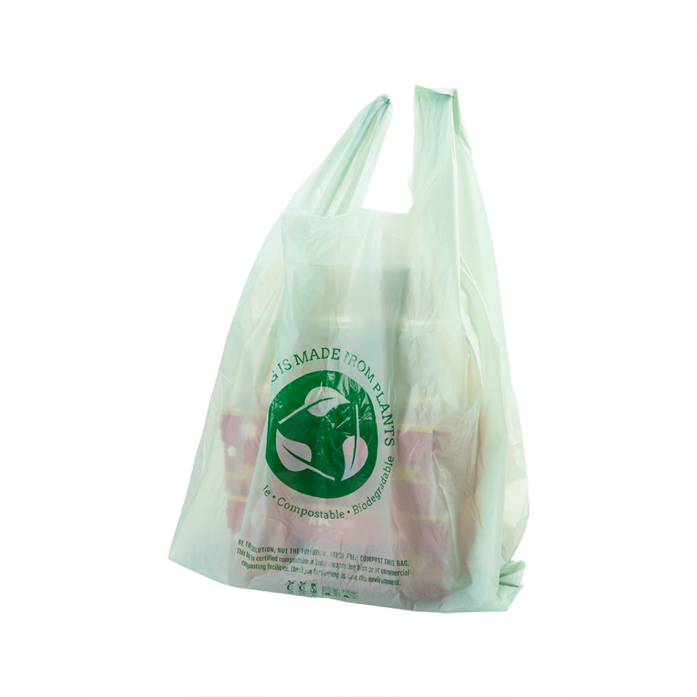 Basic Nature Green Plastic T-Shirt Bag - 1/6 Size, Compostable - 12" x 6 1/2" x 22" - 500 count box