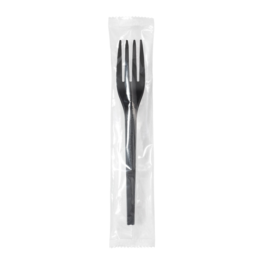 Basic Nature Black CPLA Plastic Fork - Wrapped, Heat-Resistant, Compostable - 6 1/2" - 250 count box