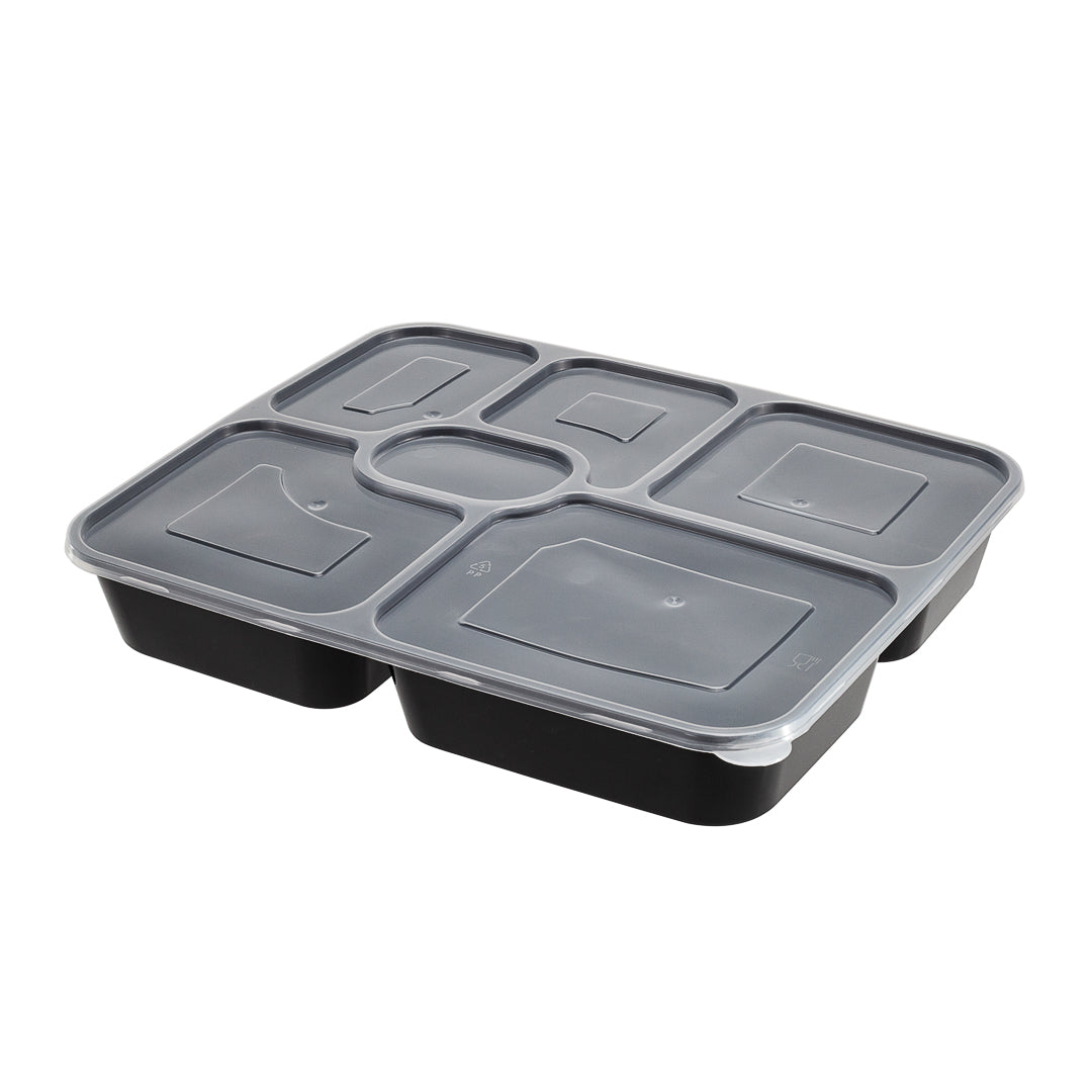 Asporto 53 oz Black Plastic 6 Compartment Food Container - with Clear Lid, Microwavable - 9 3/4" x 8 1/4" x 1 3/4" - 100 count box