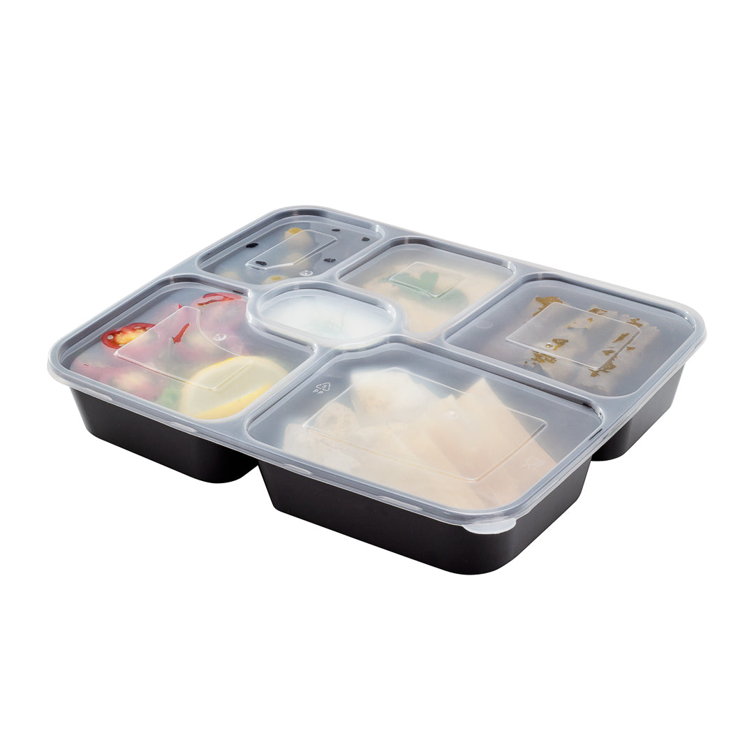 Asporto 53 oz Black Plastic 6 Compartment Food Container - with Clear Lid, Microwavable - 9 3/4" x 8 1/4" x 1 3/4" - 100 count box