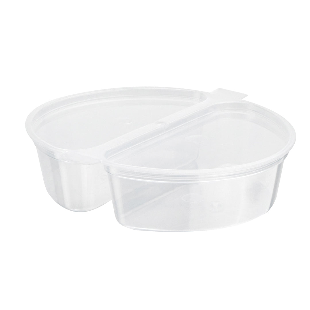 Futura 6 oz Clear Plastic Snack / Condiment 2-Compartment Container - with Lid, Microwavable - 4" x 3 3/4" x 1" - 500 count box