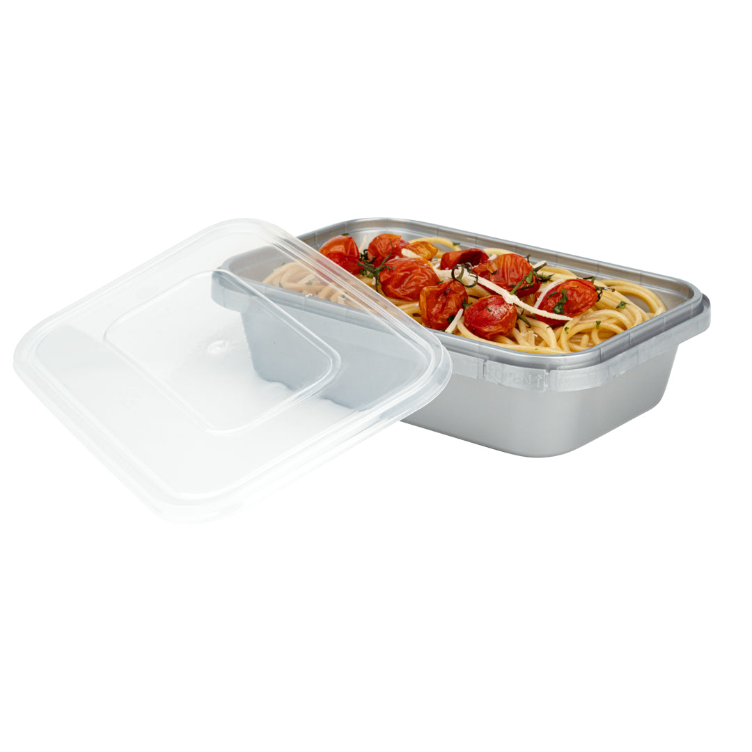 Futura 24 oz Silver Plastic Tamper-Evident Container - with Clear Lid, Microwavable - 7" x 4 3/4" x 1 3/4" - 100 count box