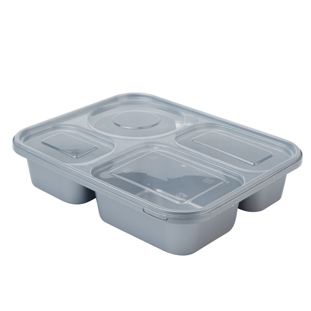 Futura 57 oz Silver Plastic Tamper-Evident 4-Compartment Container - with Clear Lid, Microwavable - 9 3/4" x 7 3/4" x 2" - 100 count box