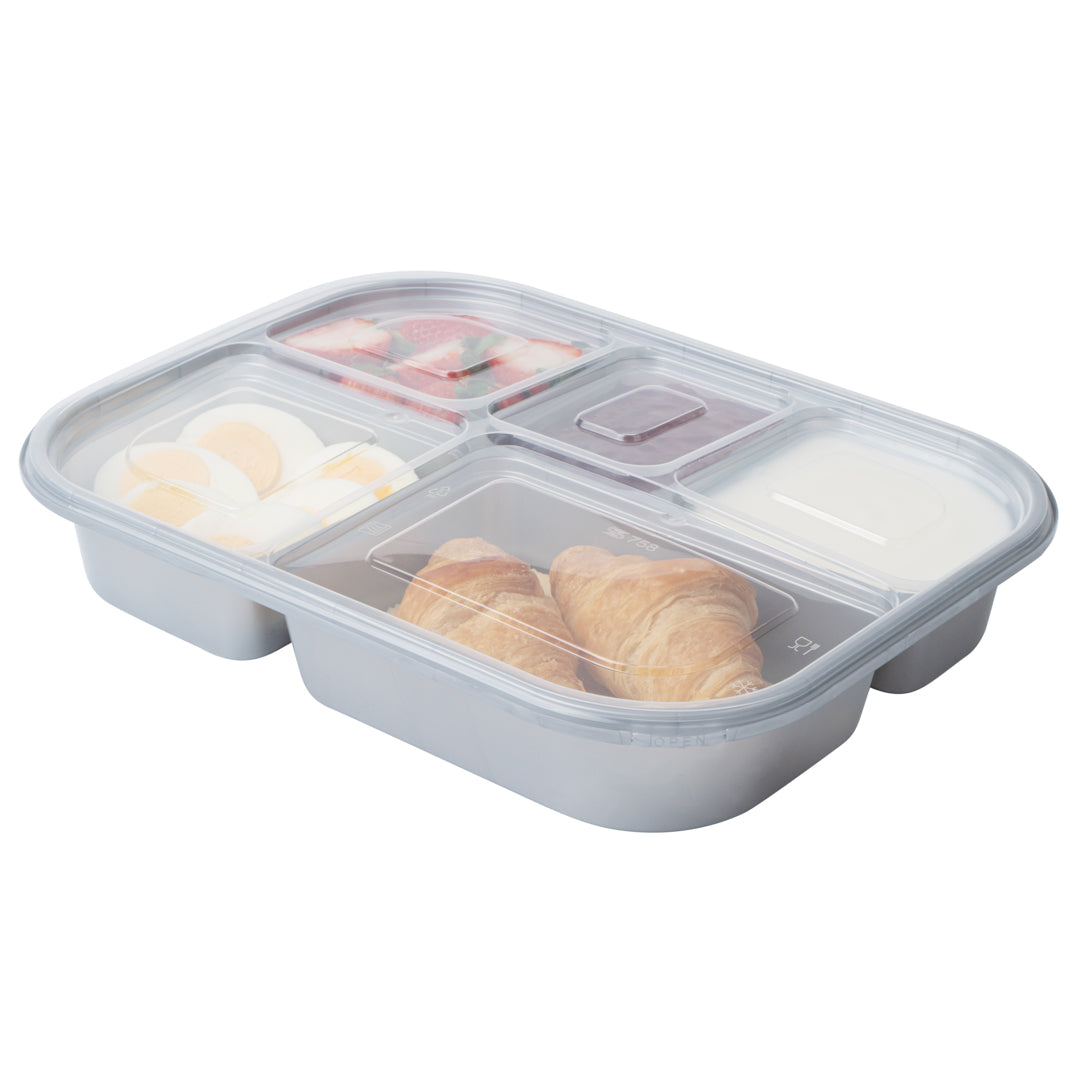 Futura 62 oz Silver Plastic Tamper-Evident 5-Compartment Container - with Clear Lid, Microwavable - 11" x 8 1/2" x 1 3/4" - 100 count box