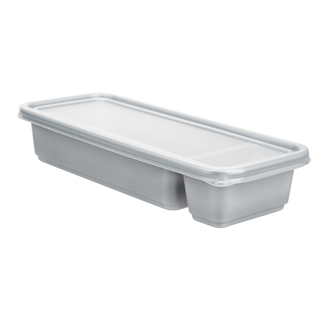 Futura 20 oz Silver Plastic 2-Compartment Catering Container - with Clear Lid, Microwavable - 8 3/4" x 3 3/4" x 1 3/4" - 100 count box